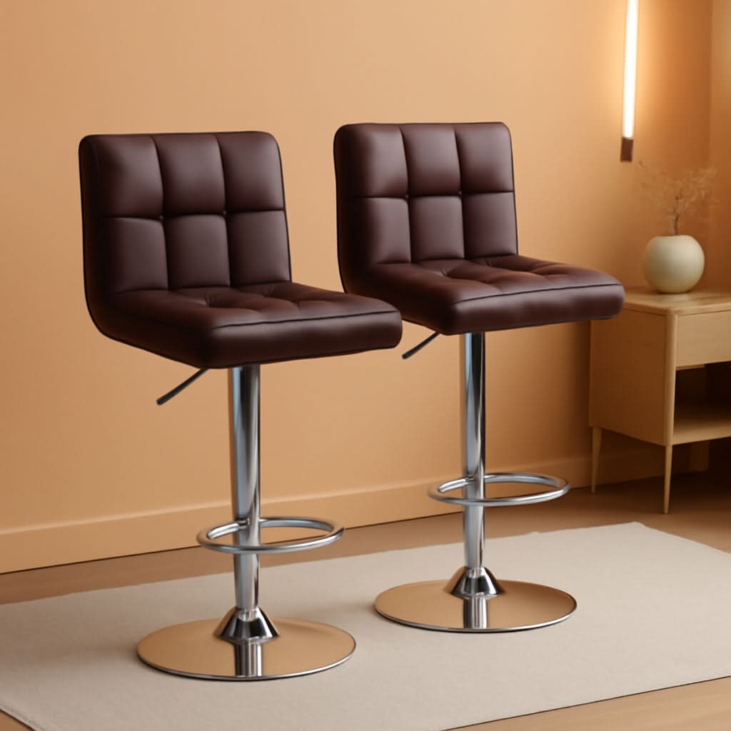 Bar Stools Set Of 2 Adjustable PU Leather Swivel Brown