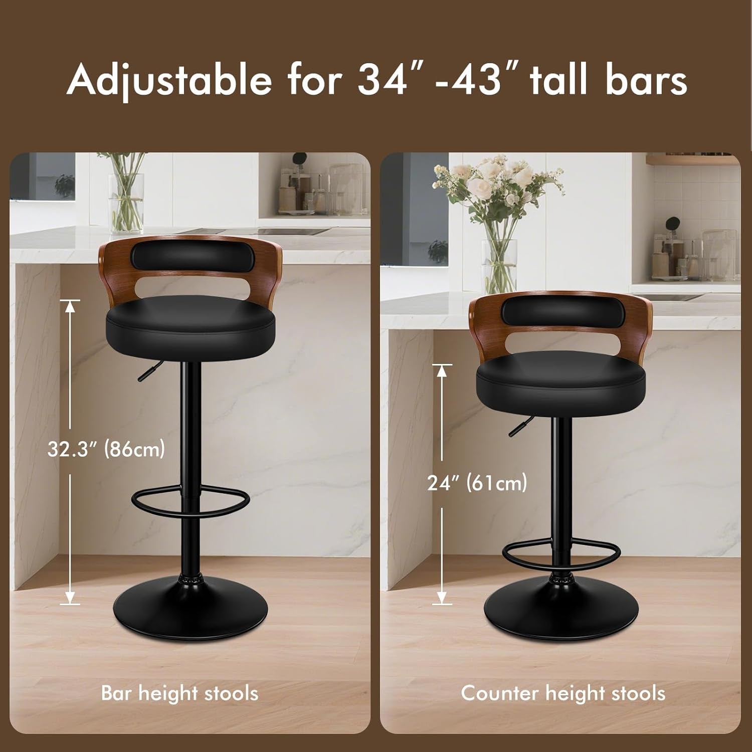Bar Stools Set Of 2 Adjustable Swivel Black And Brown