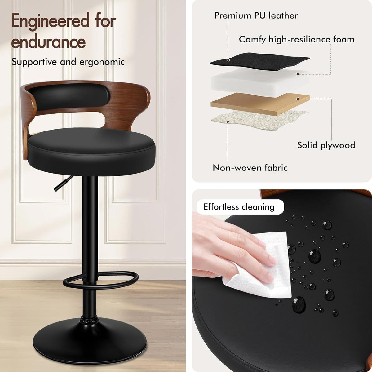 Bar Stools Set Of 2 Adjustable Swivel Black And Brown