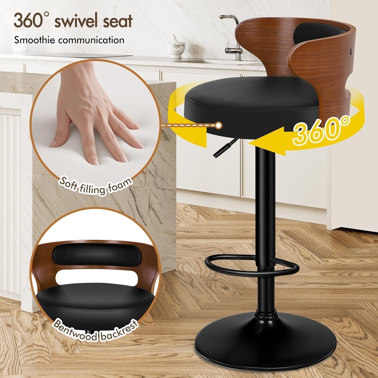 Bar Stools Set Of 2 Adjustable Swivel Black And Brown