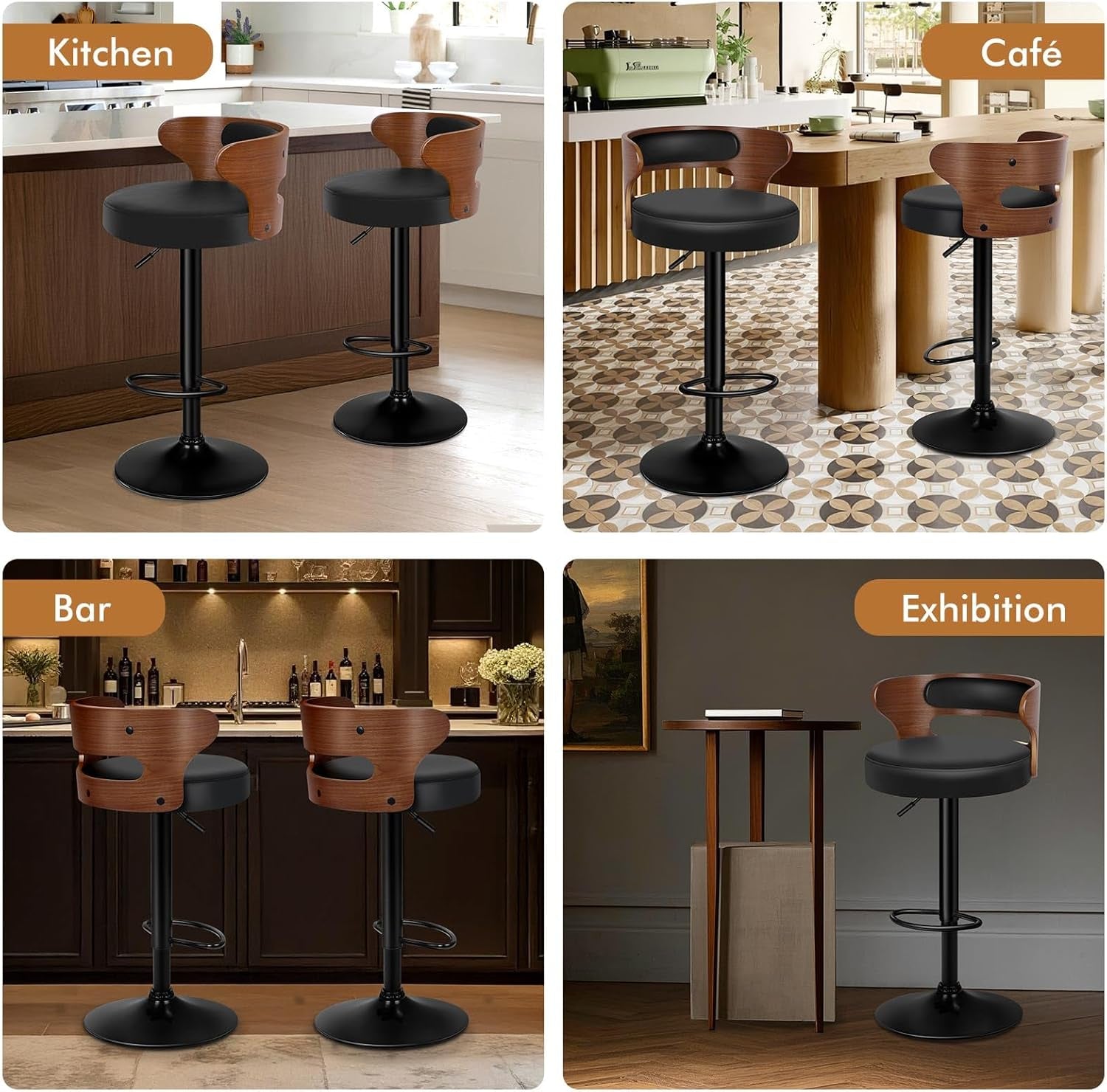 Bar Stools Set Of 2 Adjustable Swivel Black And Brown