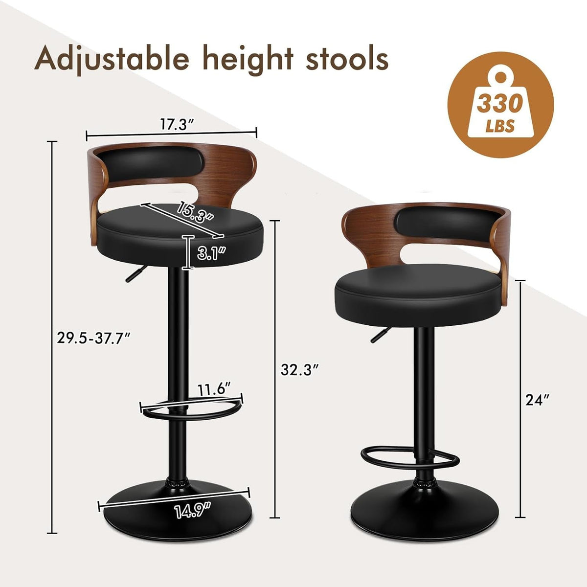Bar Stools Set Of 2 Adjustable Swivel Black And Brown