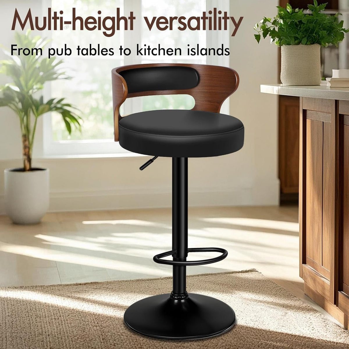 Bar Stools Set Of 2 Adjustable Swivel Black And Brown
