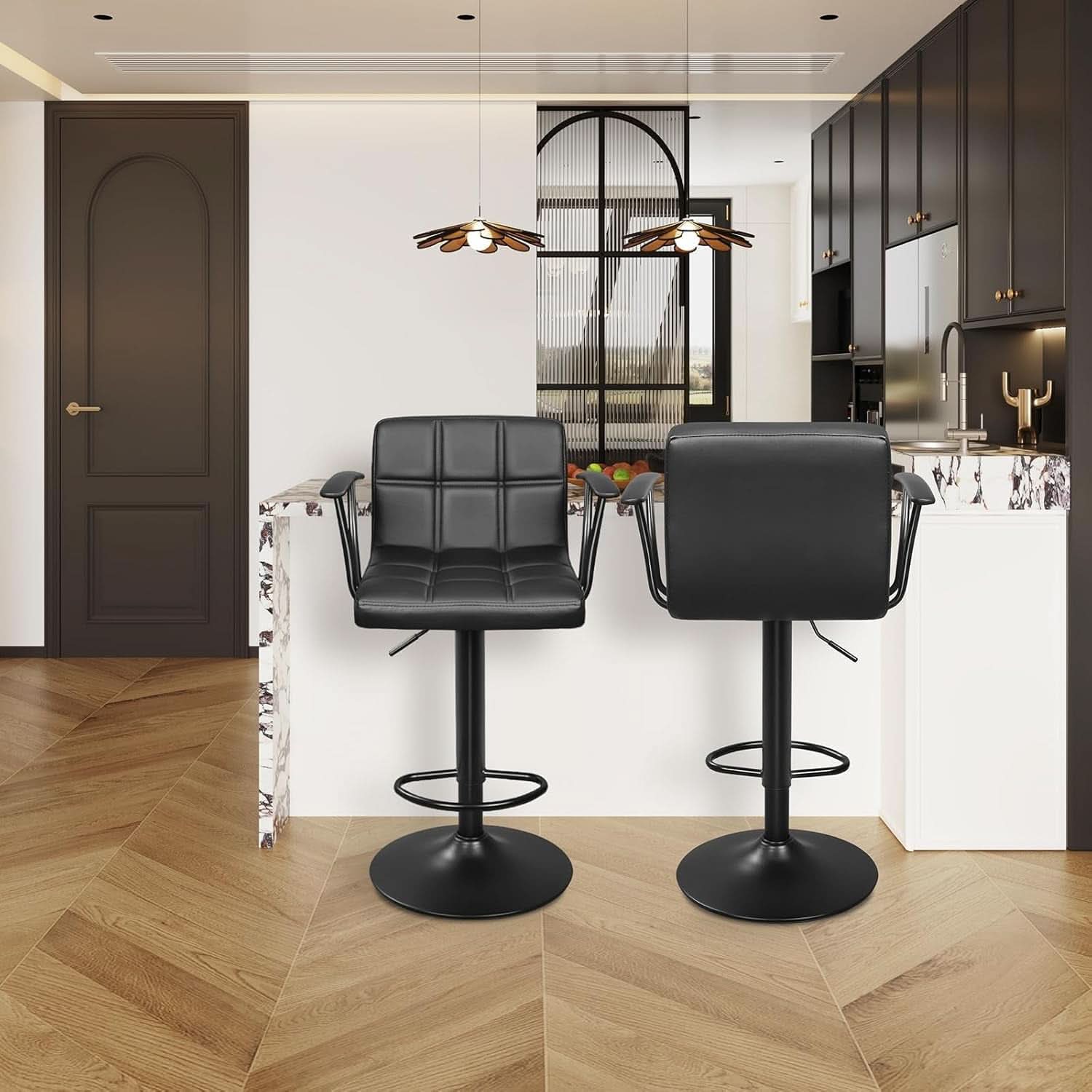 Bar Stools Set Of 2 Adjustable Swivel Black PU Leather Back