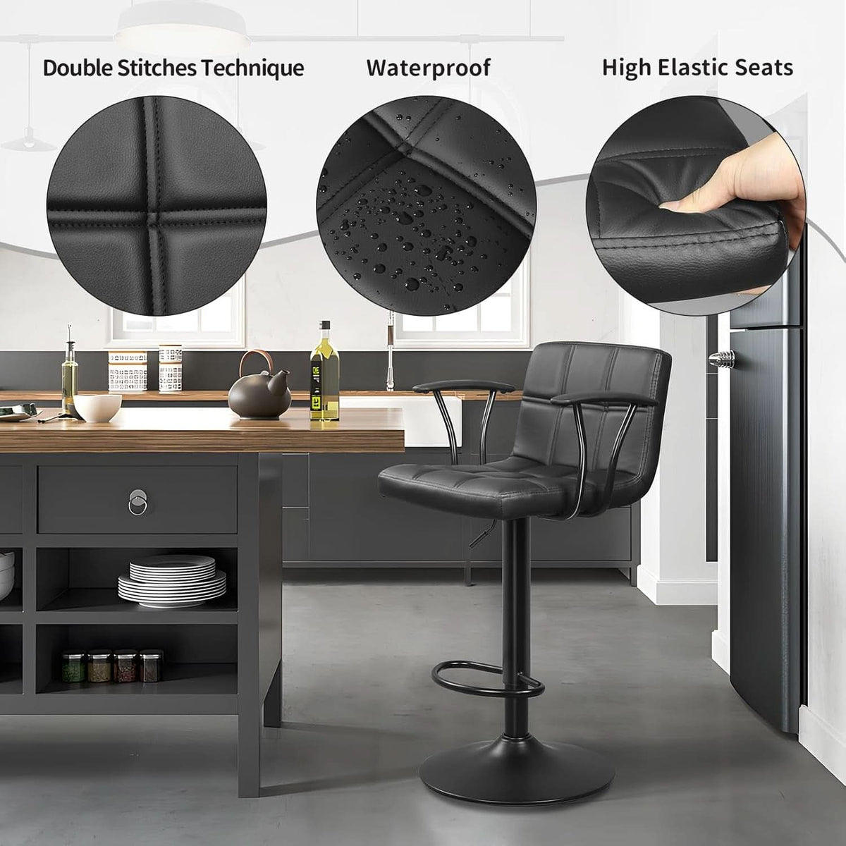 Bar Stools Set Of 2 Adjustable Swivel Black PU Leather Back
