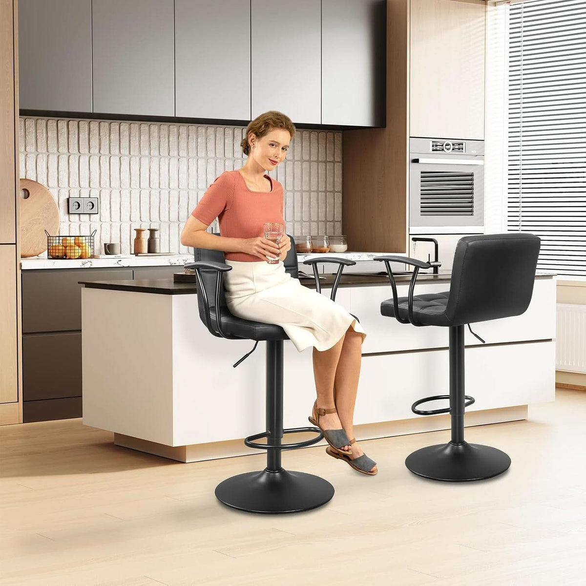 Bar Stools Set Of 2 Adjustable Swivel Black PU Leather Back