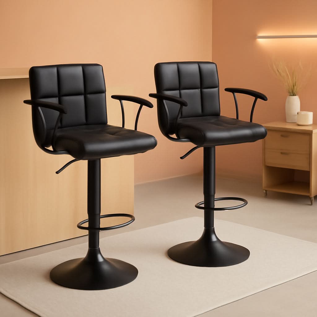 Bar Stools Set Of 2 Adjustable Swivel Black PU Leather Back