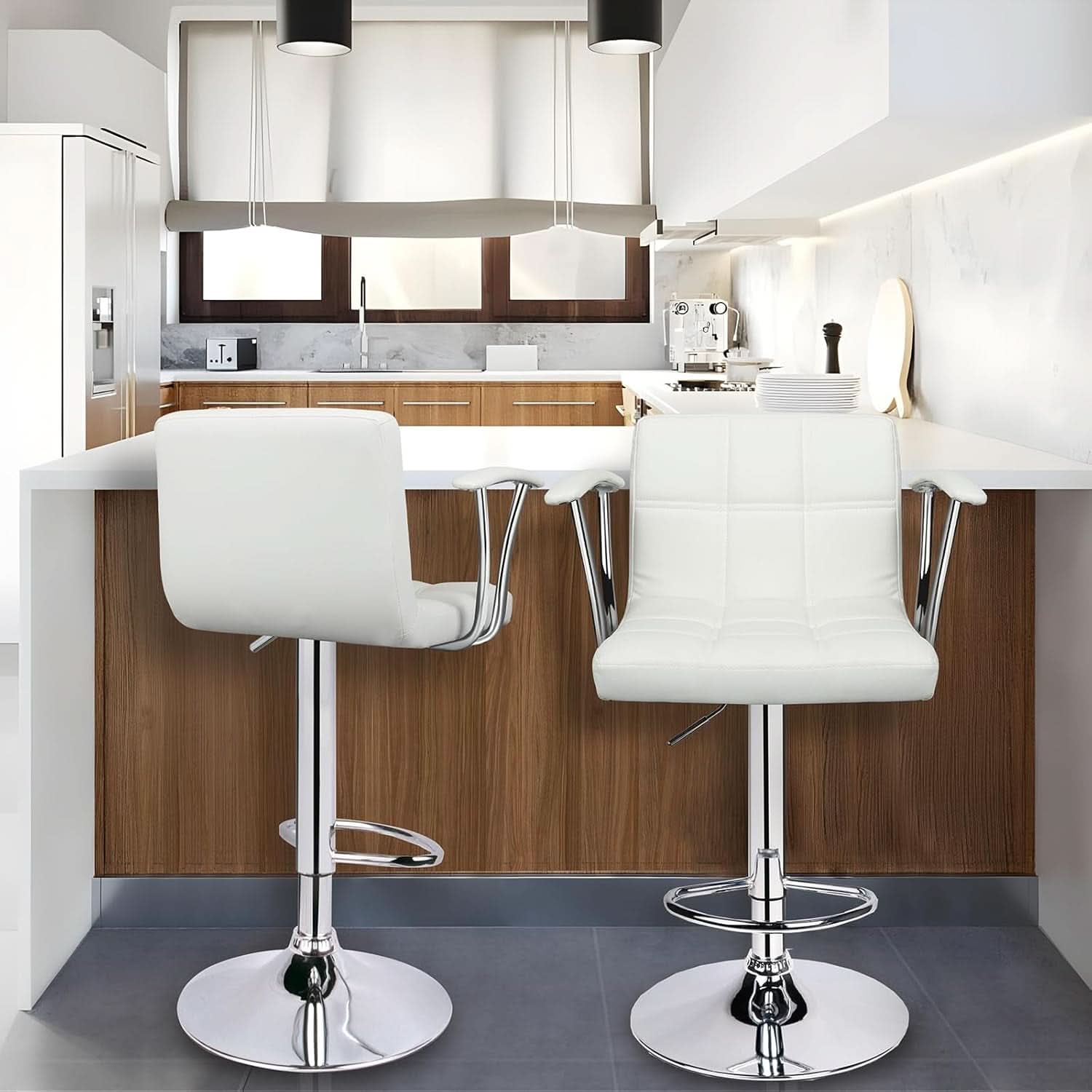Bar Stools Set Of 2 Adjustable Swivel PU Leather White