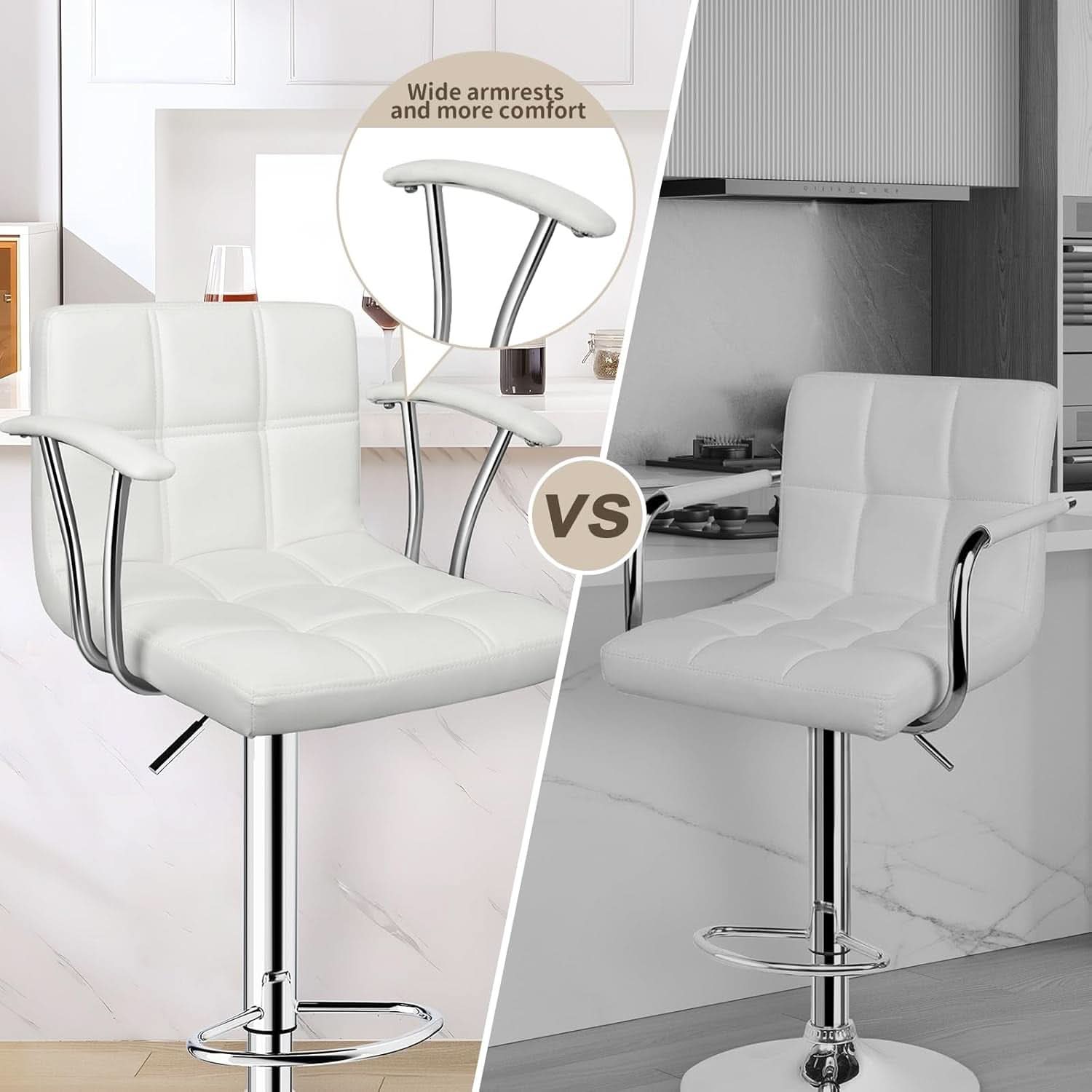 Bar Stools Set Of 2 Adjustable Swivel PU Leather White