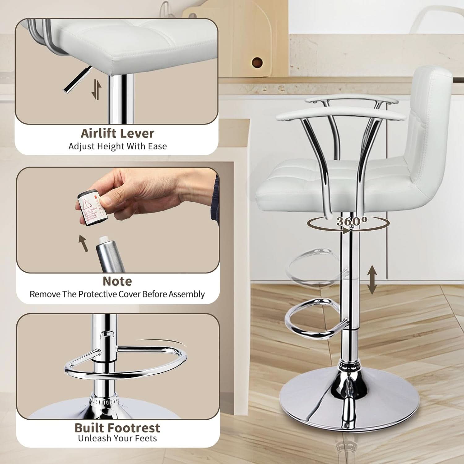 Bar Stools Set Of 2 Adjustable Swivel PU Leather White