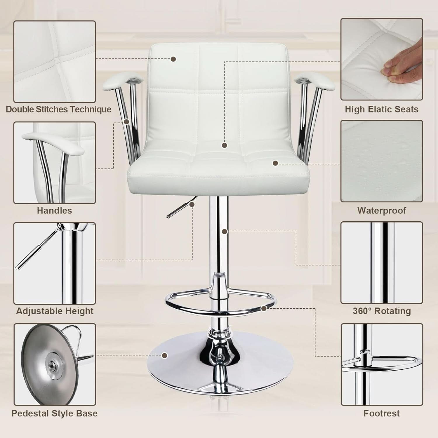 Bar Stools Set Of 2 Adjustable Swivel PU Leather White