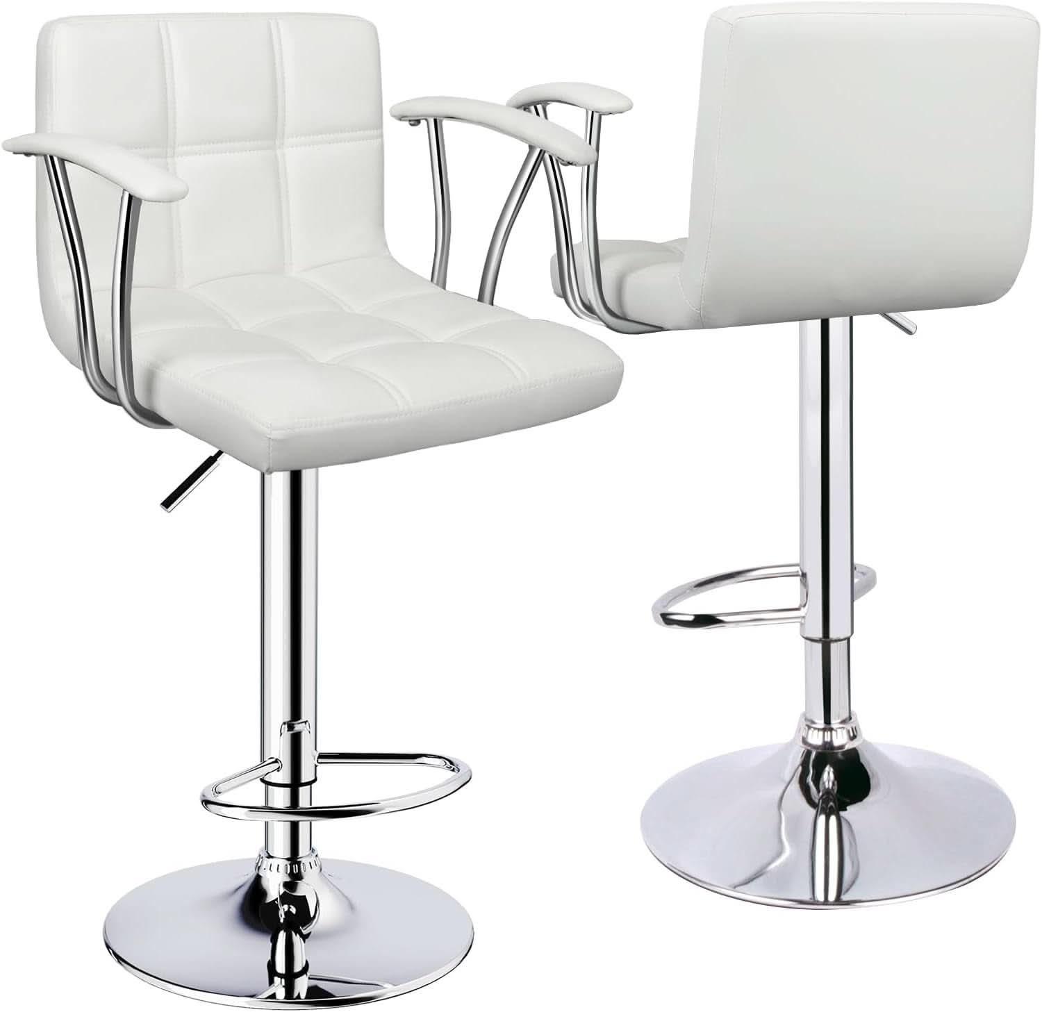 Bar Stools Set Of 2 Adjustable Swivel PU Leather White