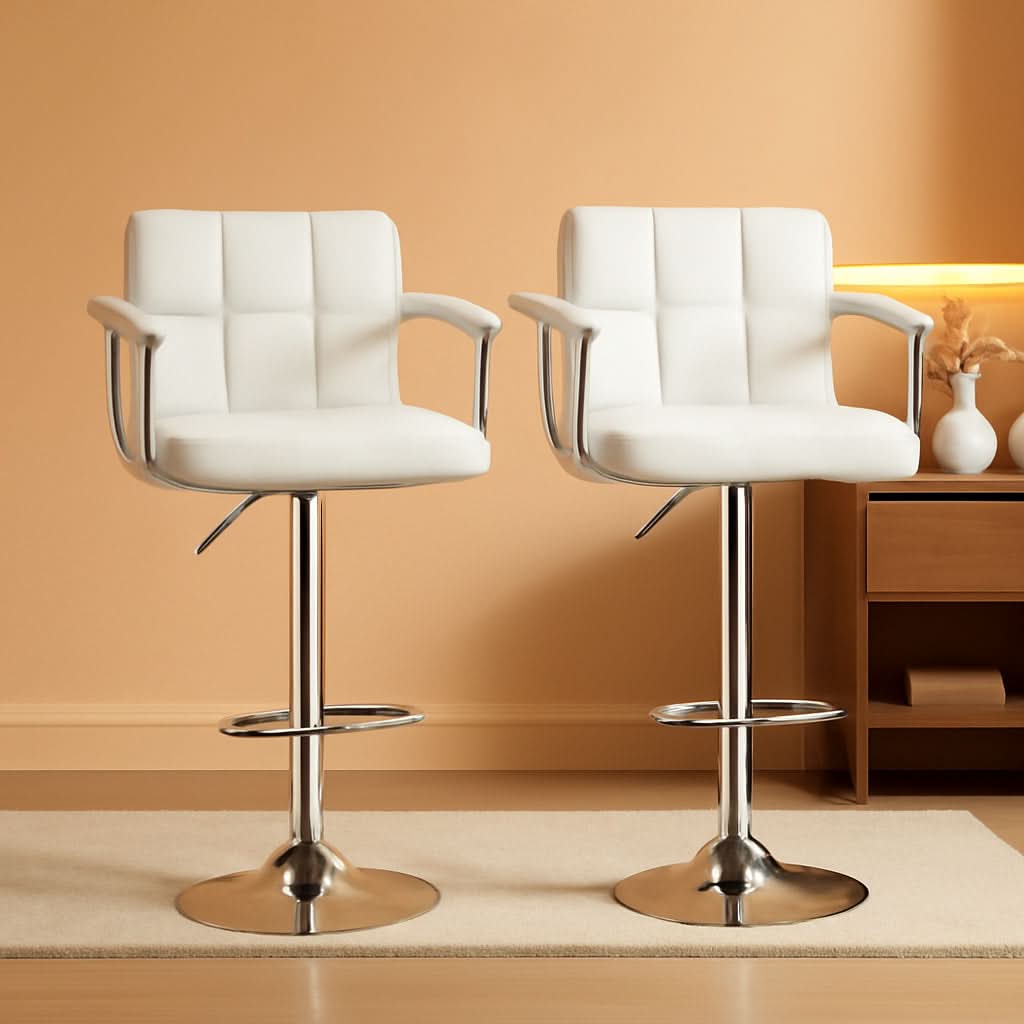 Bar Stools Set Of 2 Adjustable Swivel PU Leather White