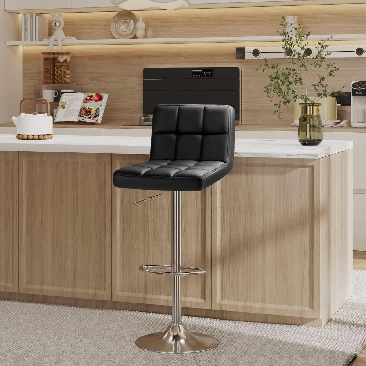 Bar Stools Set Of 2 Black PU Leather Swivel Adjustable Counter Height