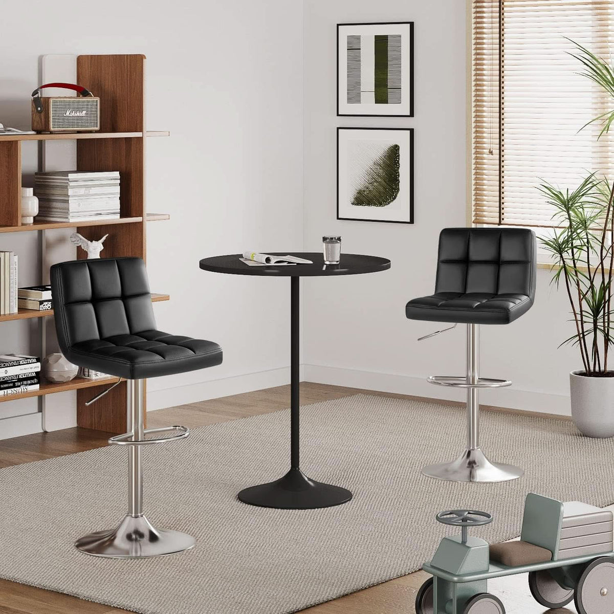 Bar Stools Set Of 2 Black PU Leather Swivel Adjustable Counter Height