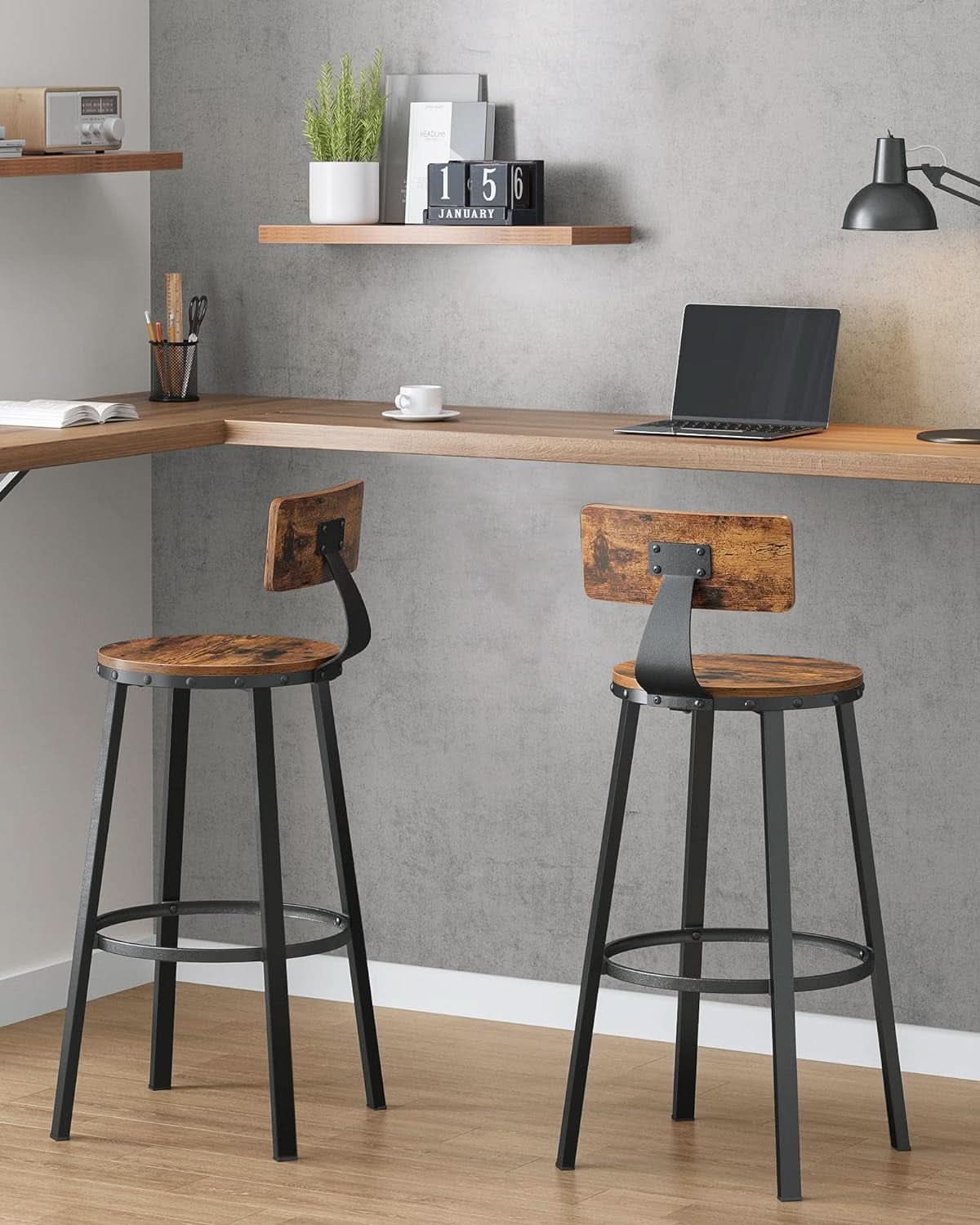 Bar Stools Set Of 2 Counter Height 28.7 Inch With Back Rustic Brown And Black