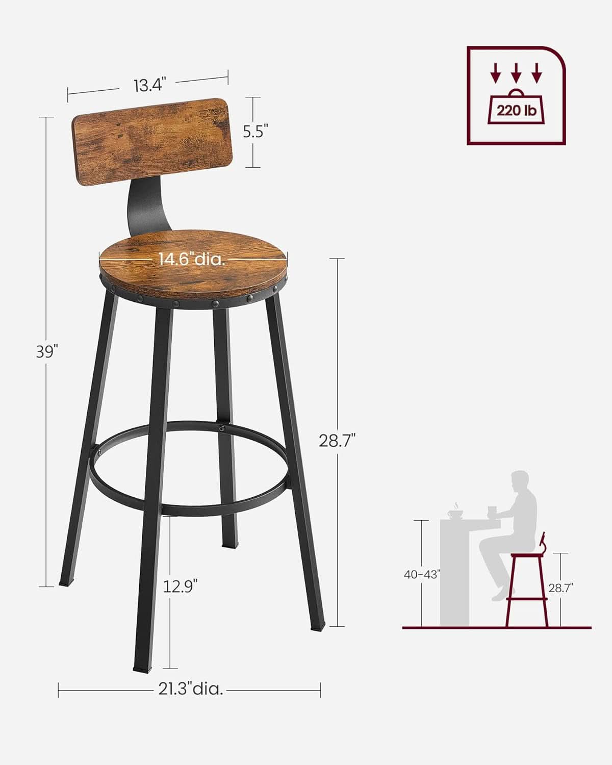 Bar Stools Set Of 2 Counter Height 28.7 Inch With Back Rustic Brown And Black