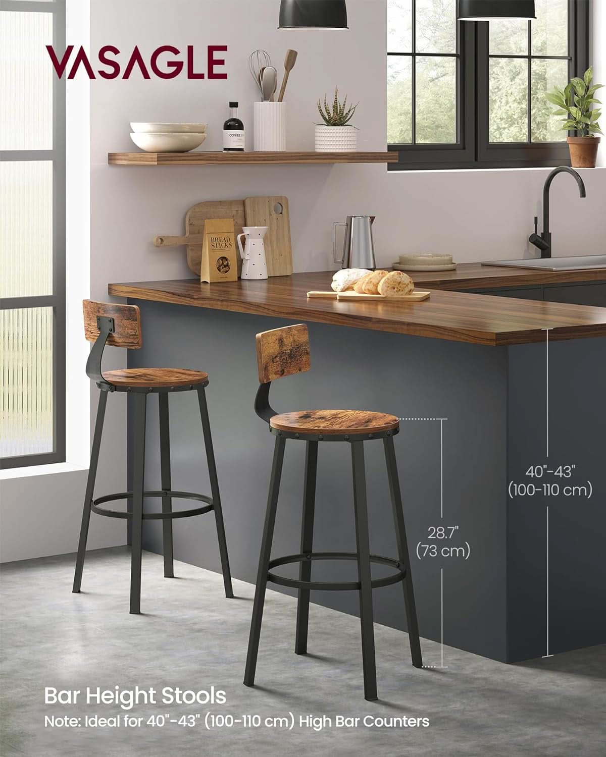 Bar Stools Set Of 2 Counter Height 28.7 Inch With Back Rustic Brown And Black