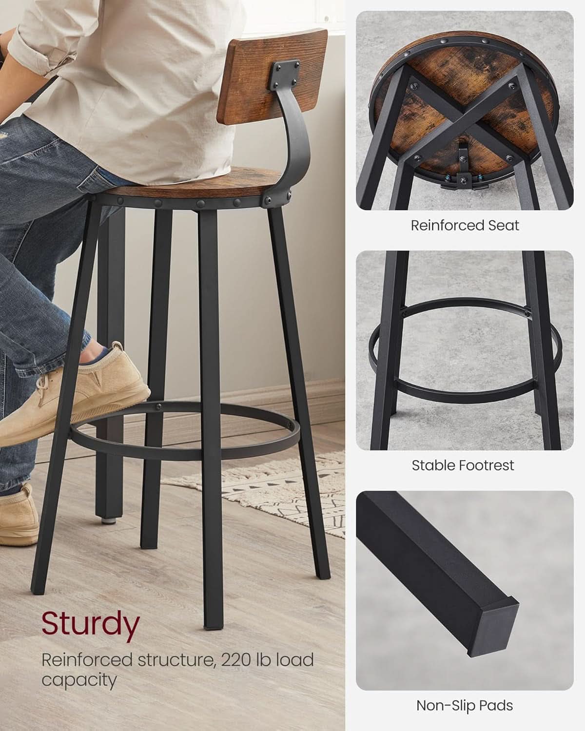 Bar Stools Set Of 2 Counter Height 28.7 Inch With Back Rustic Brown And Black
