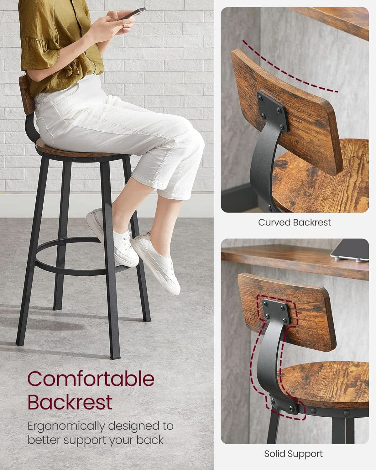 Bar Stools Set Of 2 Counter Height 28.7 Inch With Back Rustic Brown And Black