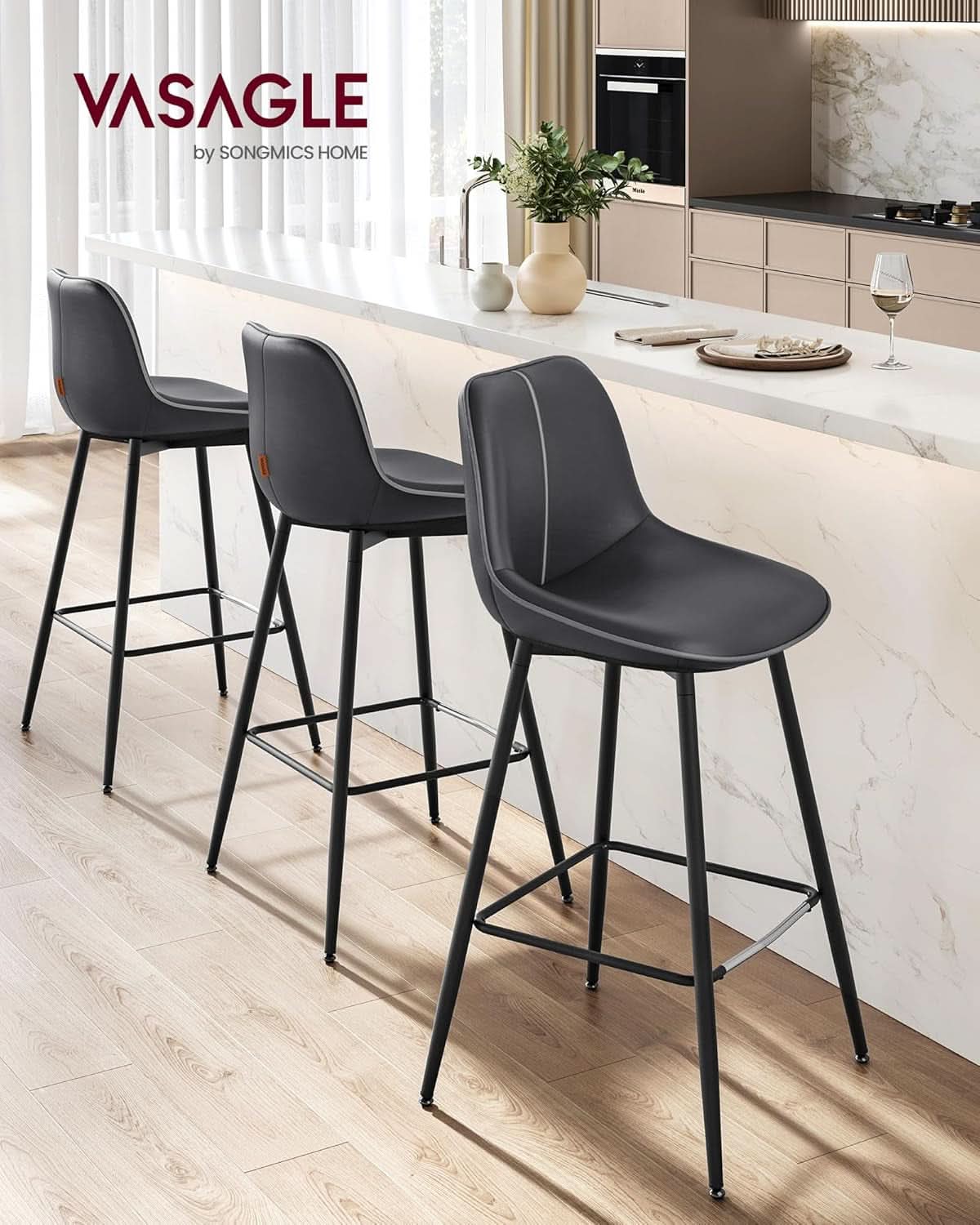 Bar Stools Set Of 2 Ink Black Synthetic Leather Bar Height Back Ergonomic