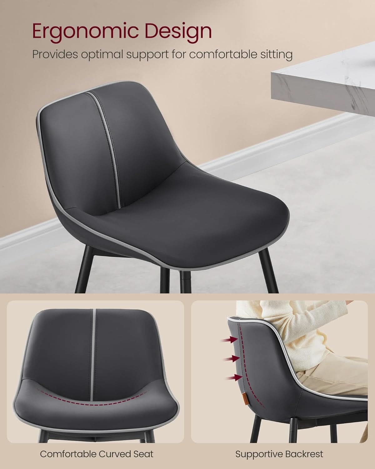 Bar Stools Set Of 2 Ink Black Synthetic Leather Bar Height Back Ergonomic