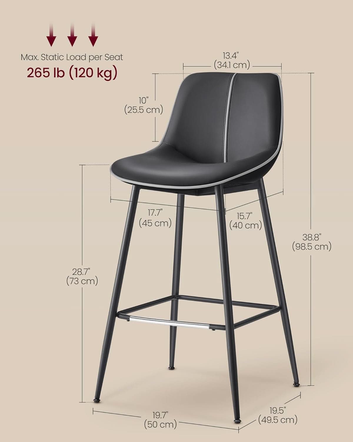Bar Stools Set Of 2 Ink Black Synthetic Leather Bar Height Back Ergonomic