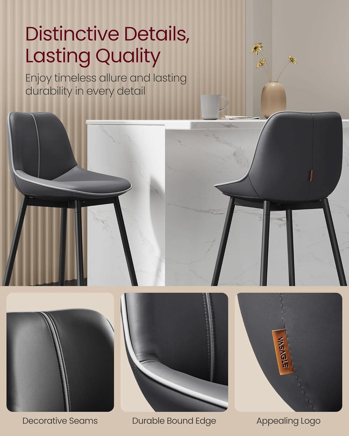 Bar Stools Set Of 2 Ink Black Synthetic Leather Bar Height Back Ergonomic