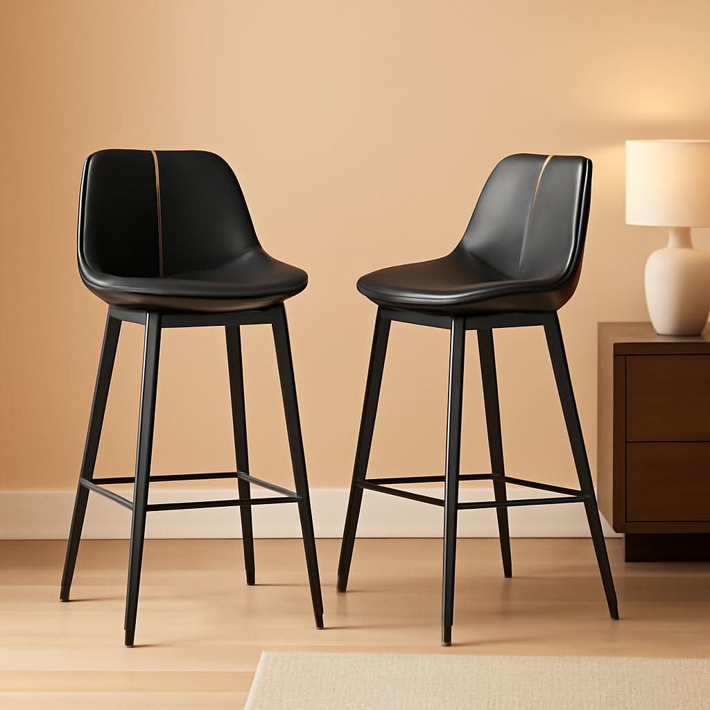 Bar Stools Set Of 2 Ink Black Synthetic Leather Bar Height Back Ergonomic