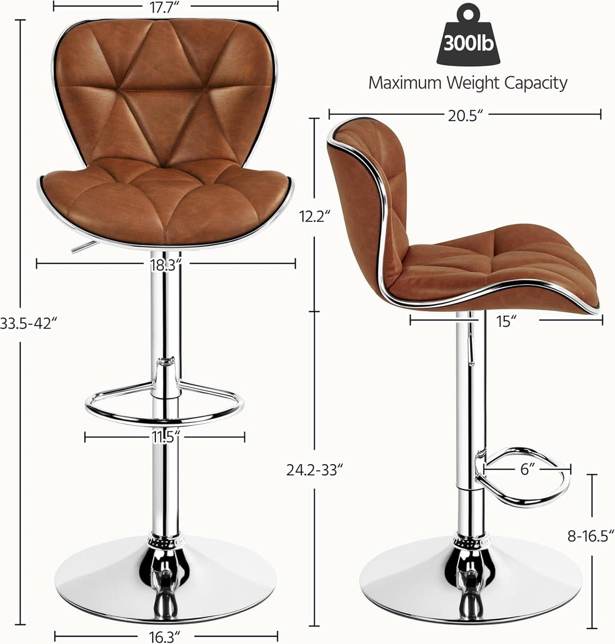 Bar Stools Set Of 2 PU Leather Swivel Adjustable Brown