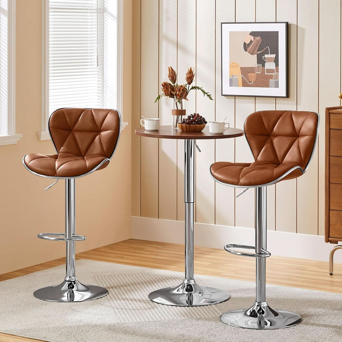 Bar Stools Set Of 2 PU Leather Swivel Adjustable Brown