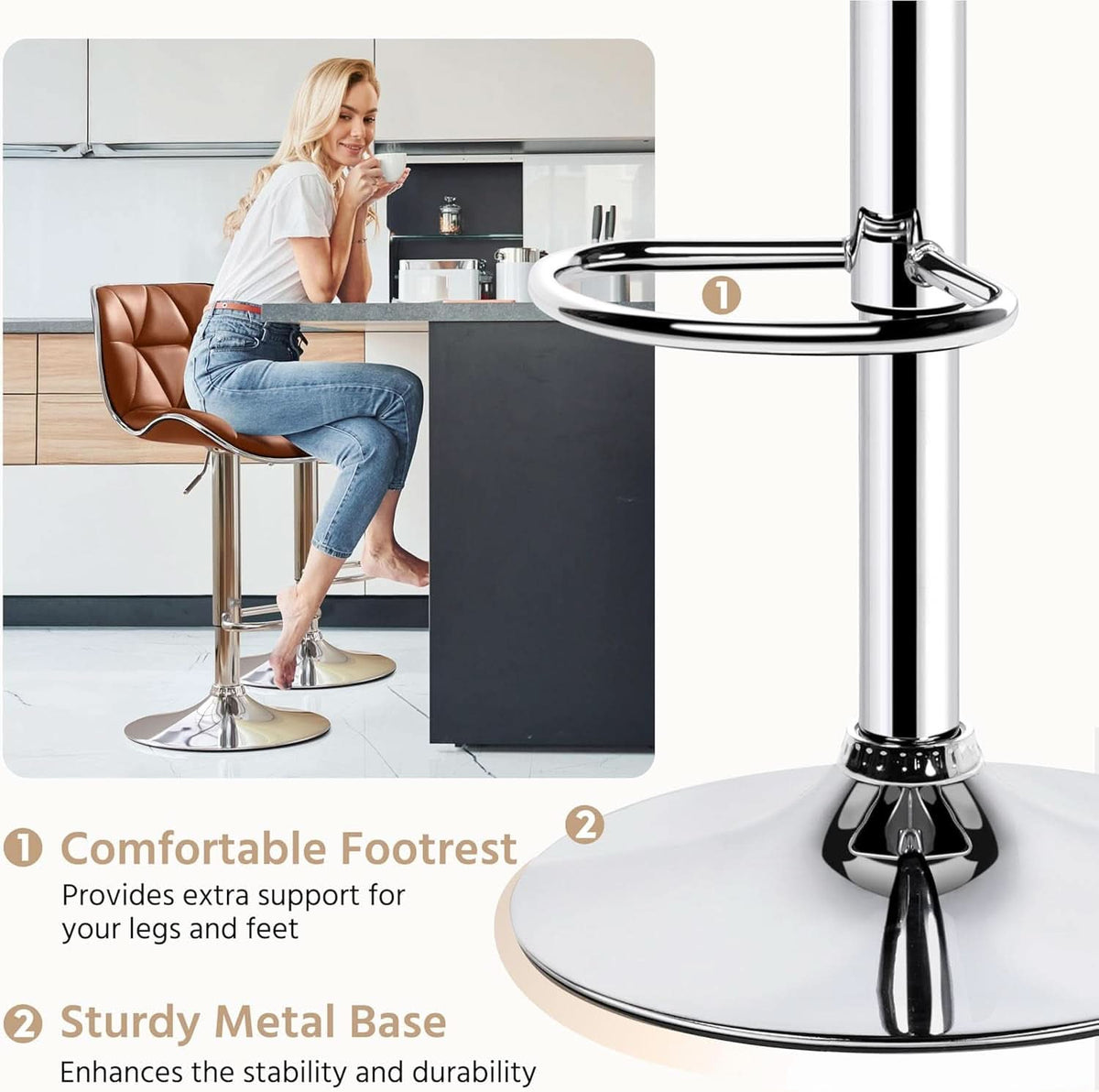 Bar Stools Set Of 2 PU Leather Swivel Adjustable Brown