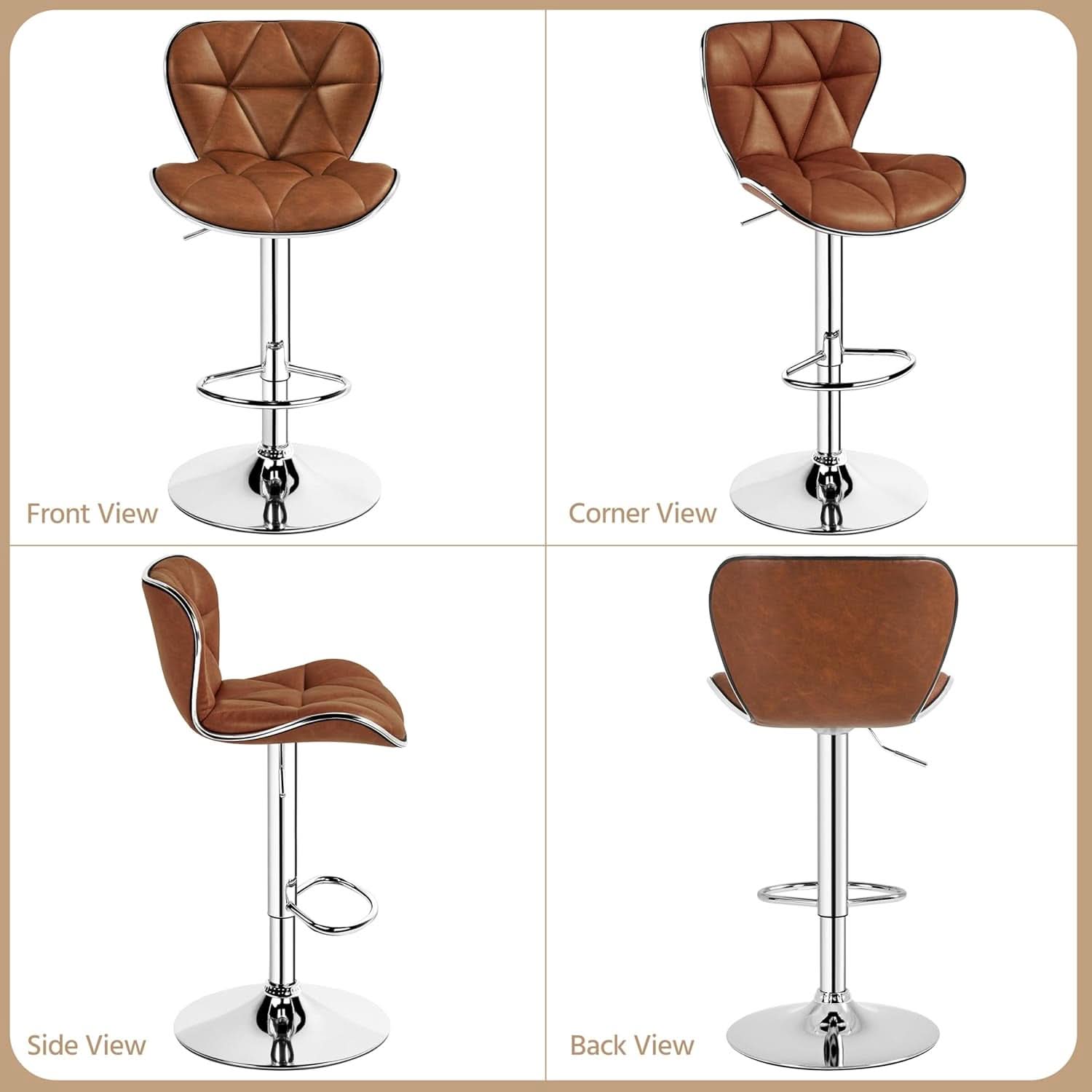 Bar Stools Set Of 2 PU Leather Swivel Adjustable Brown