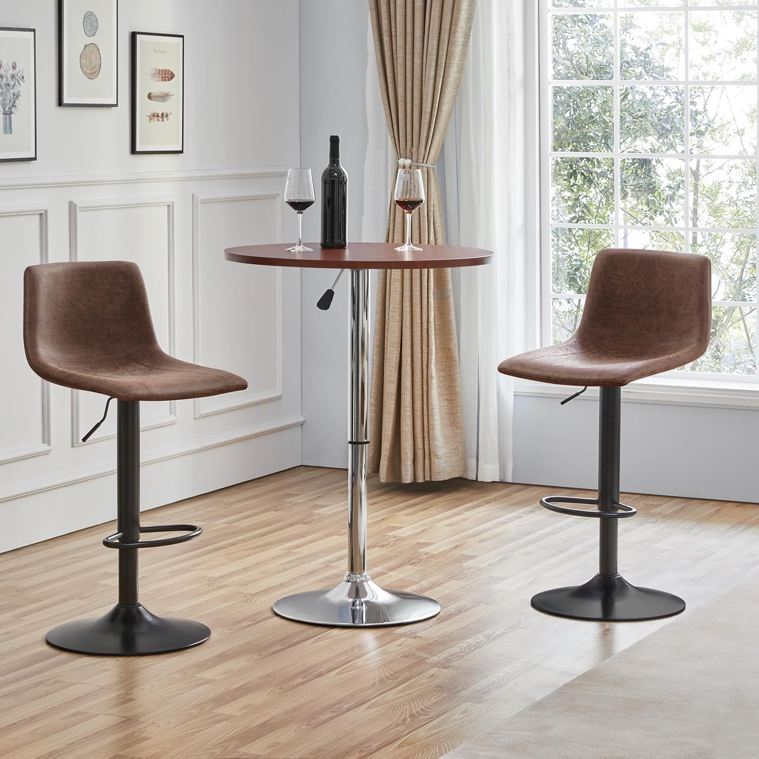 Bar Stools Set Of 2 Swivel Adjustable Counter Height PU Leather Brown