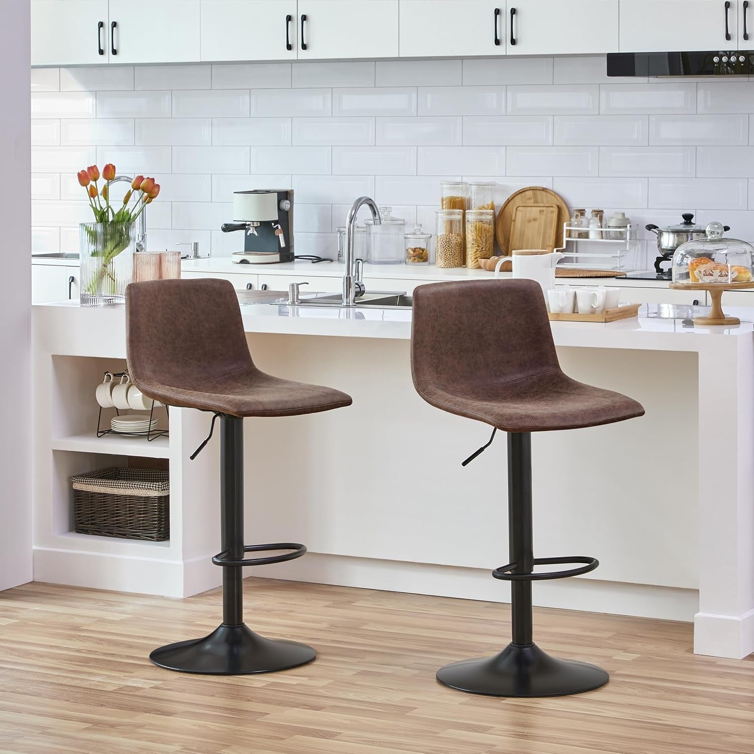 Bar Stools Set Of 2 Swivel Adjustable Counter Height PU Leather Brown