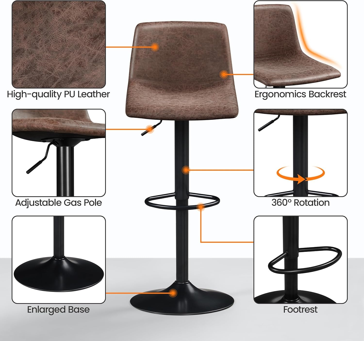 Bar Stools Set Of 2 Swivel Adjustable Counter Height PU Leather Brown