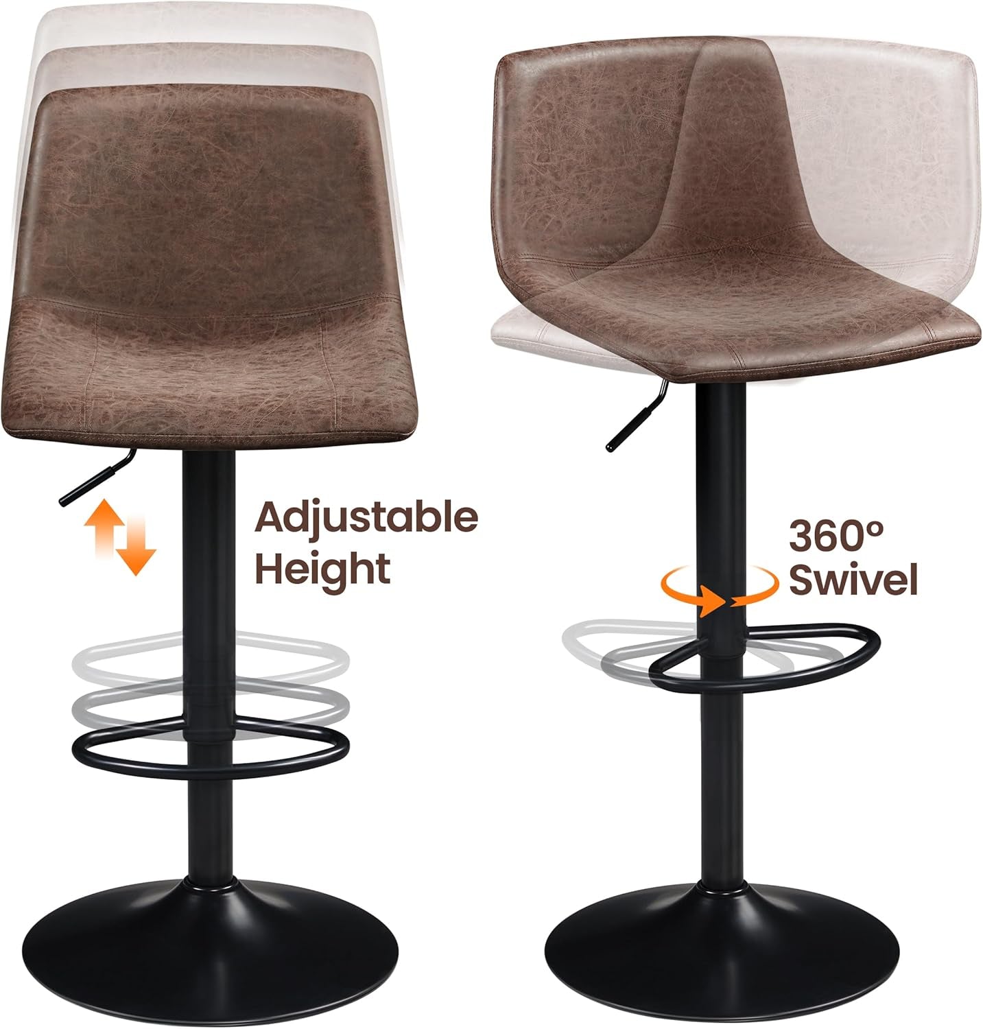 Bar Stools Set Of 2 Swivel Adjustable Counter Height PU Leather Brown