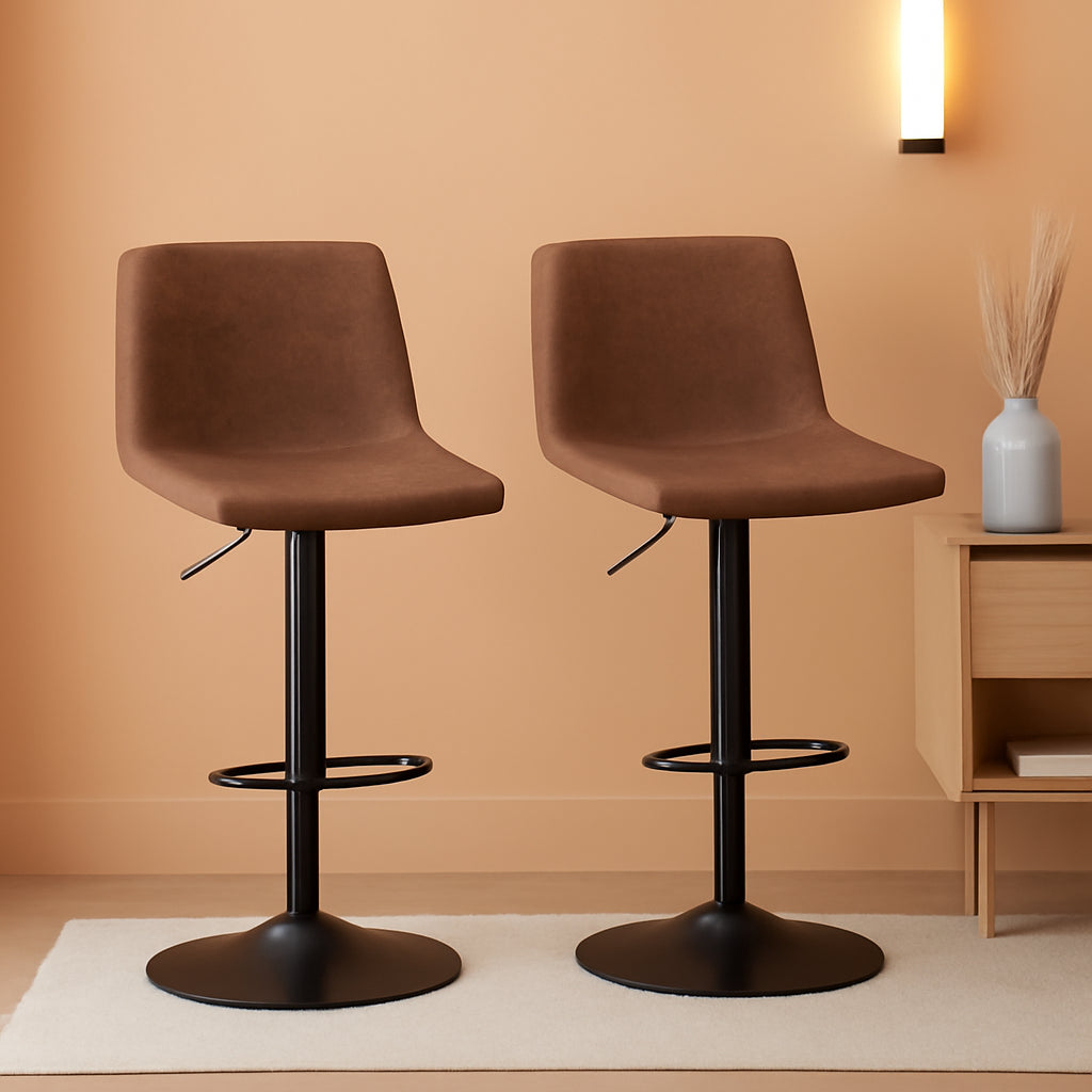 Bar Stools Set Of 2 Swivel Adjustable Counter Height PU Leather Brown