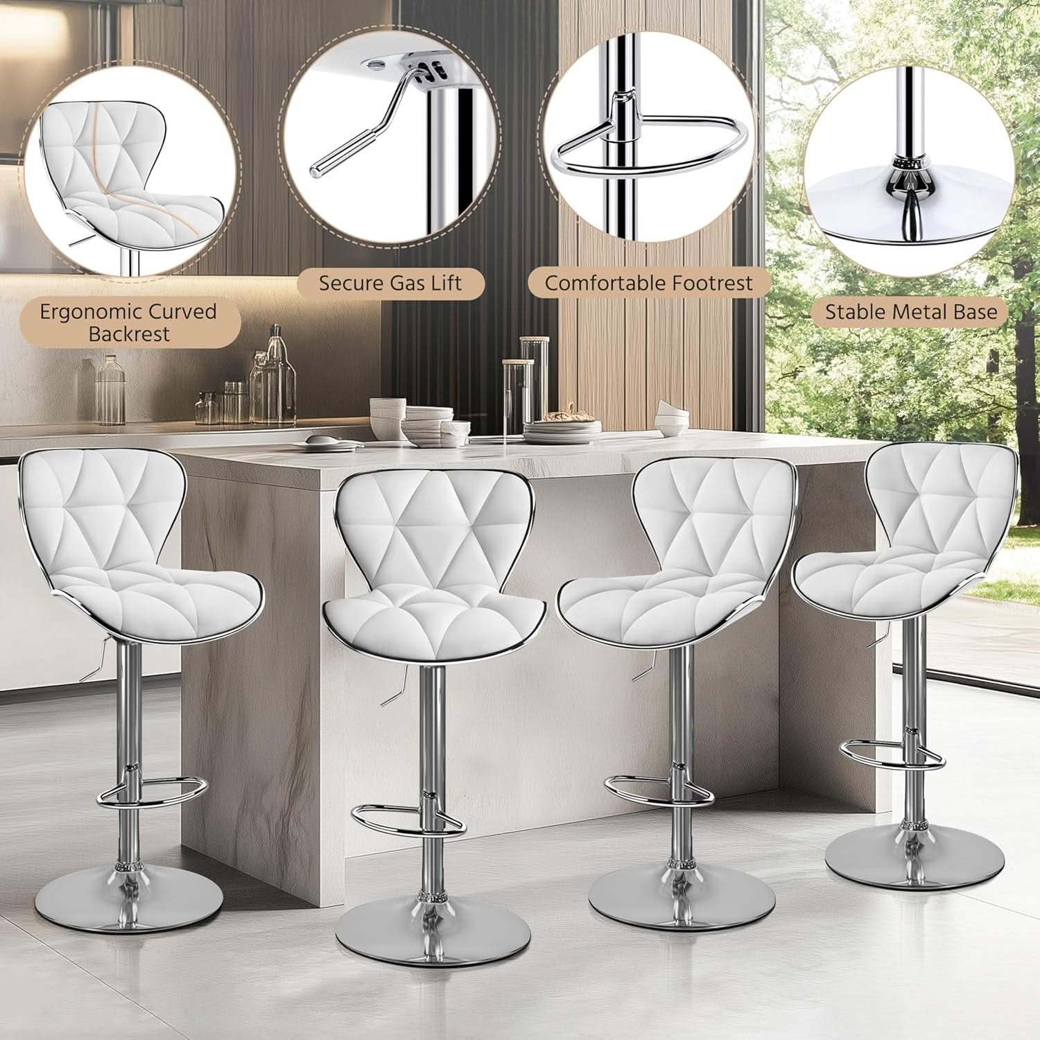 Bar Stools Set Of 2 White PU Leather Adjustable Swivel
