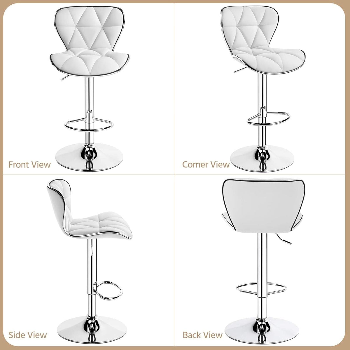 Bar Stools Set Of 2 White PU Leather Adjustable Swivel