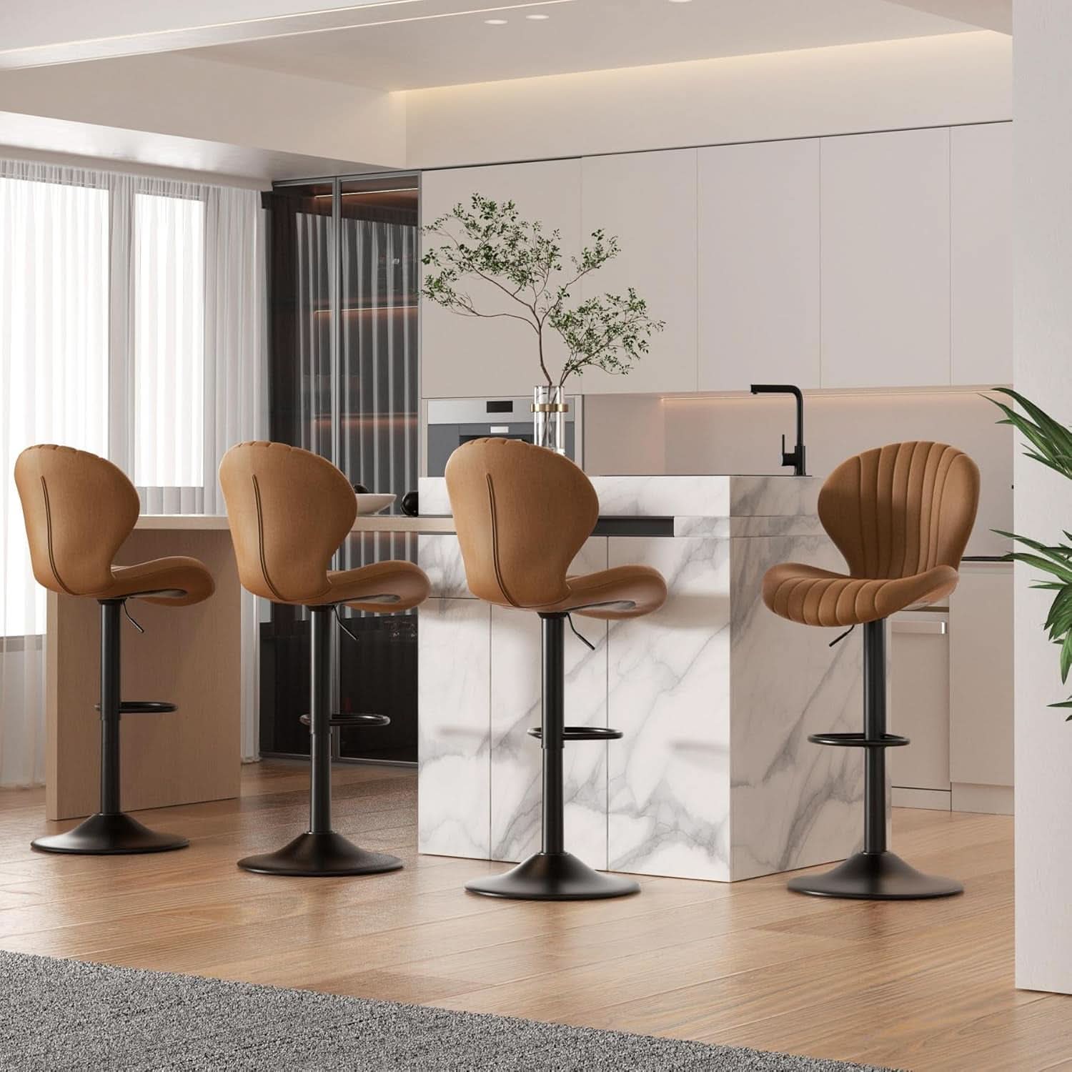 Bar Stools Set Of 3 Brown Counter Height Swivel Chairs With High Back