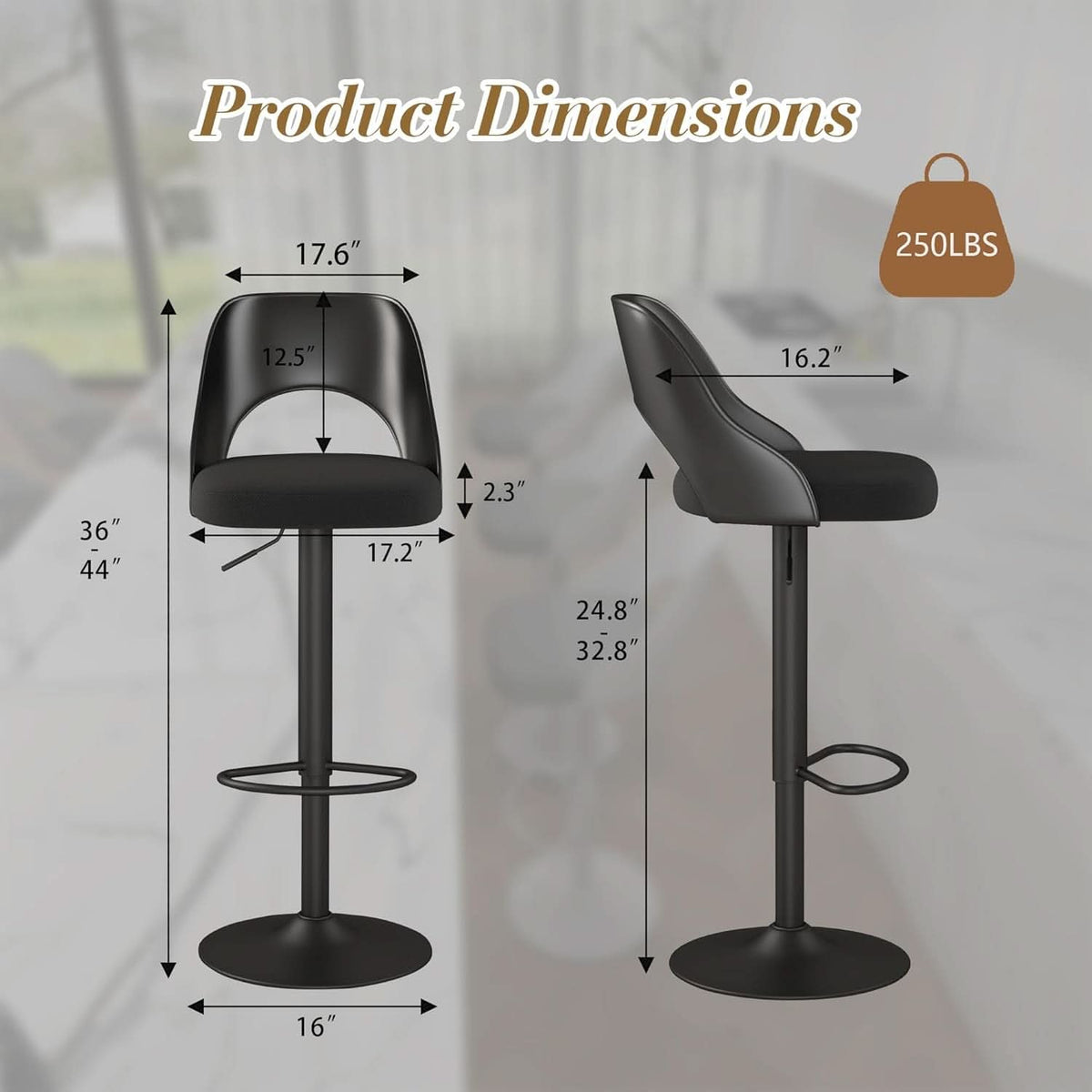 Bar Stools Set Of 3 Height Adjustable Swivel Black