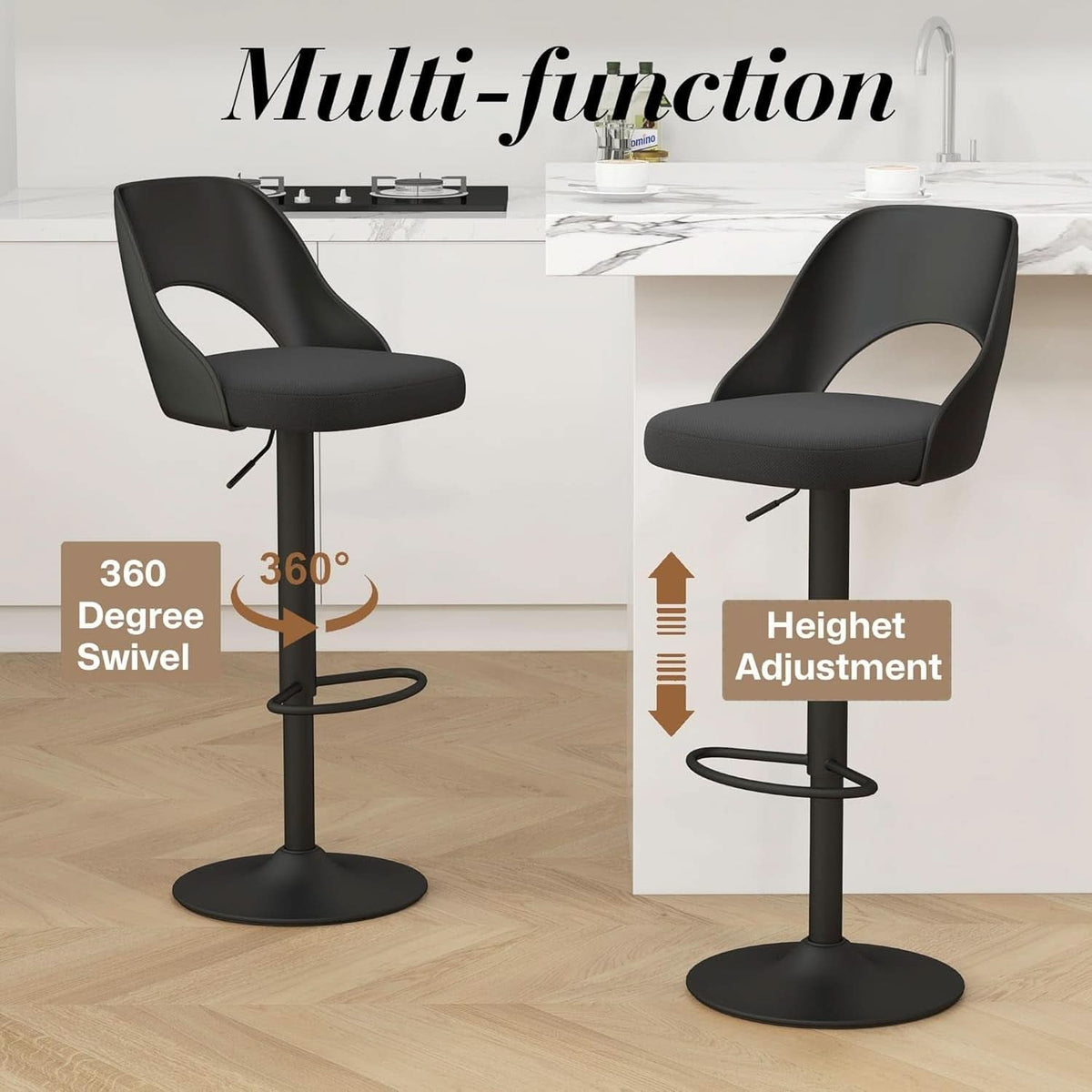 Bar Stools Set Of 3 Height Adjustable Swivel Black