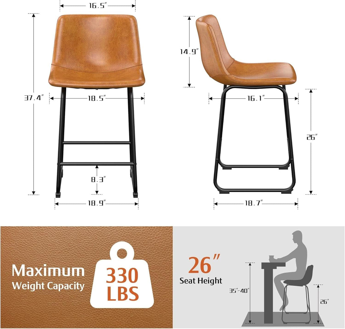 Bar Stools Set Of 4 26 Inch Brown PU Leather Counter Height