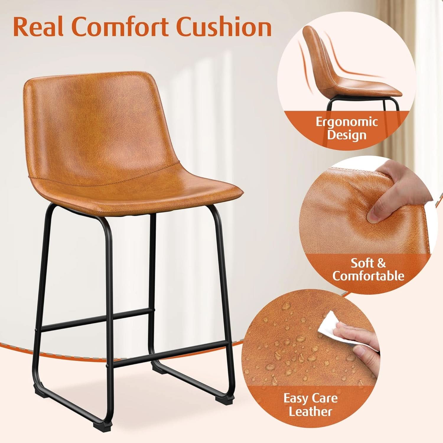 Bar Stools Set Of 4 26 Inch Brown PU Leather Counter Height