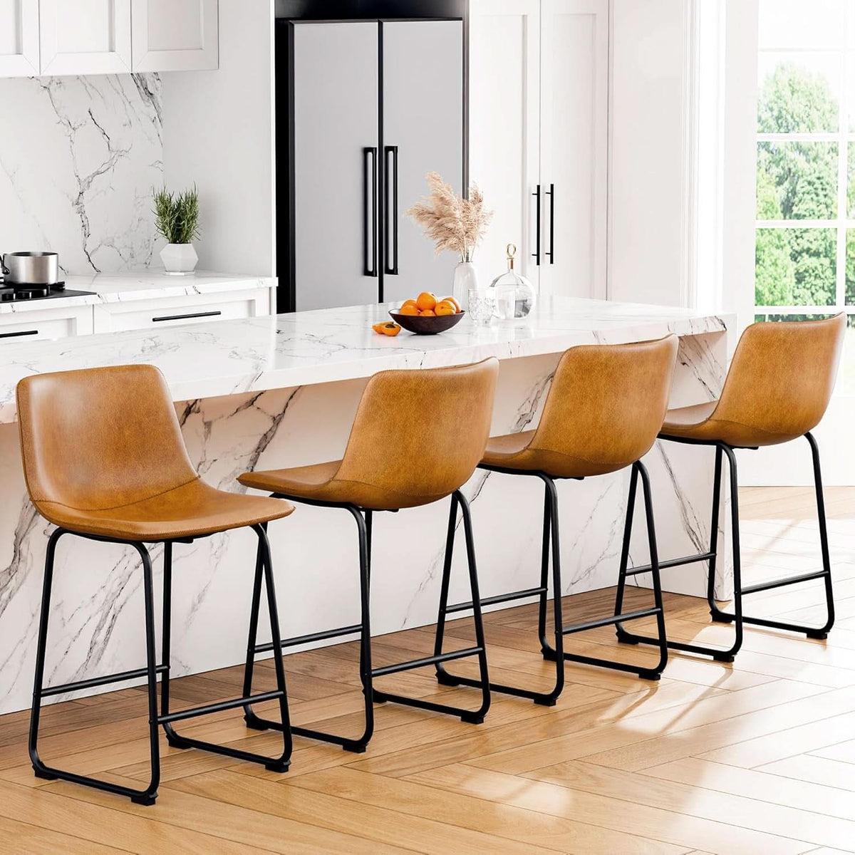 Bar Stools Set Of 4 26 Inch Brown PU Leather Counter Height