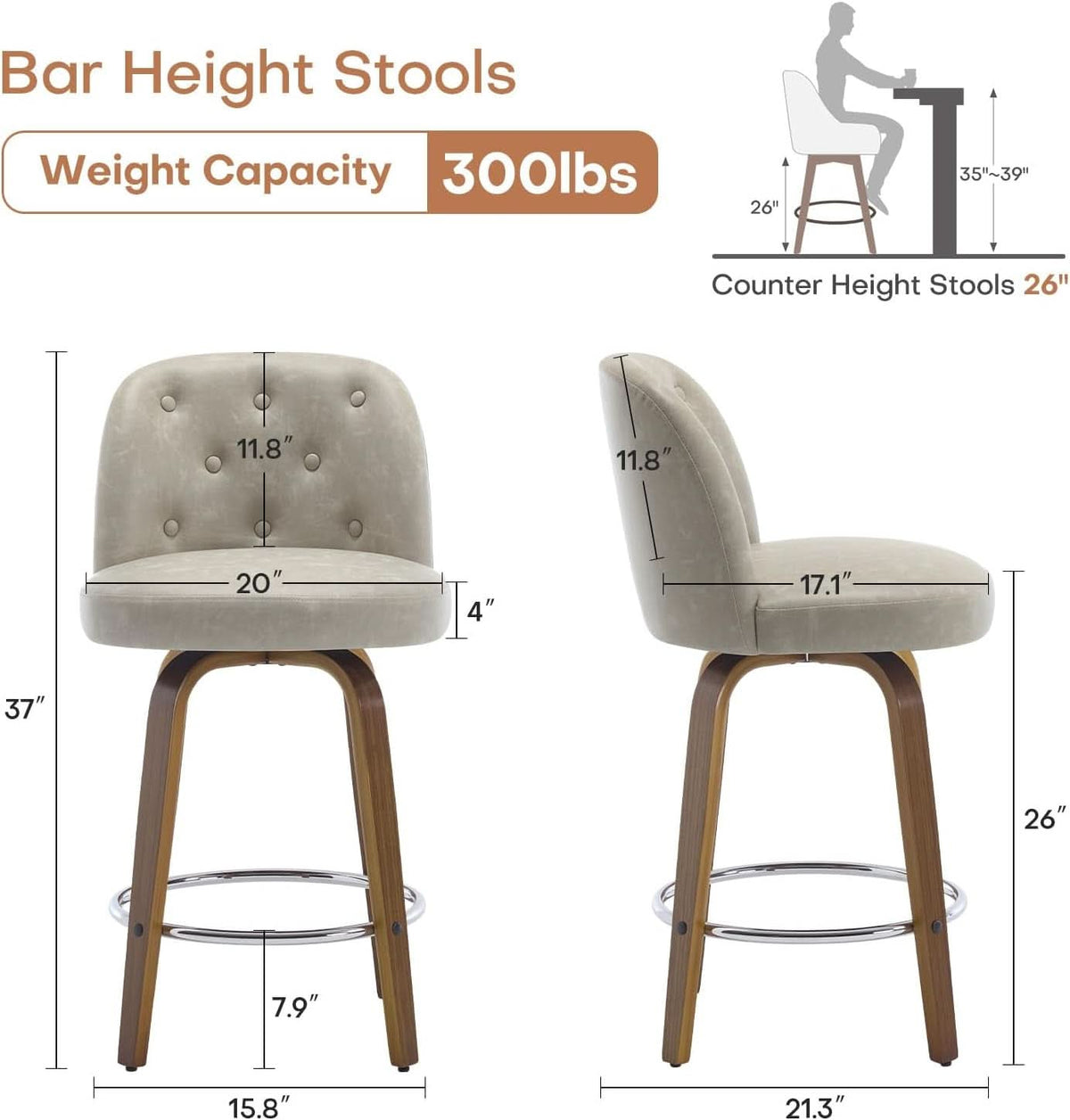 Bar Stools Set Of Four 26 Inch Counter Height Swivel With Back Griege