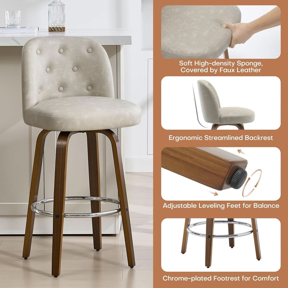 Bar Stools Set Of Four 26 Inch Counter Height Swivel With Back Griege