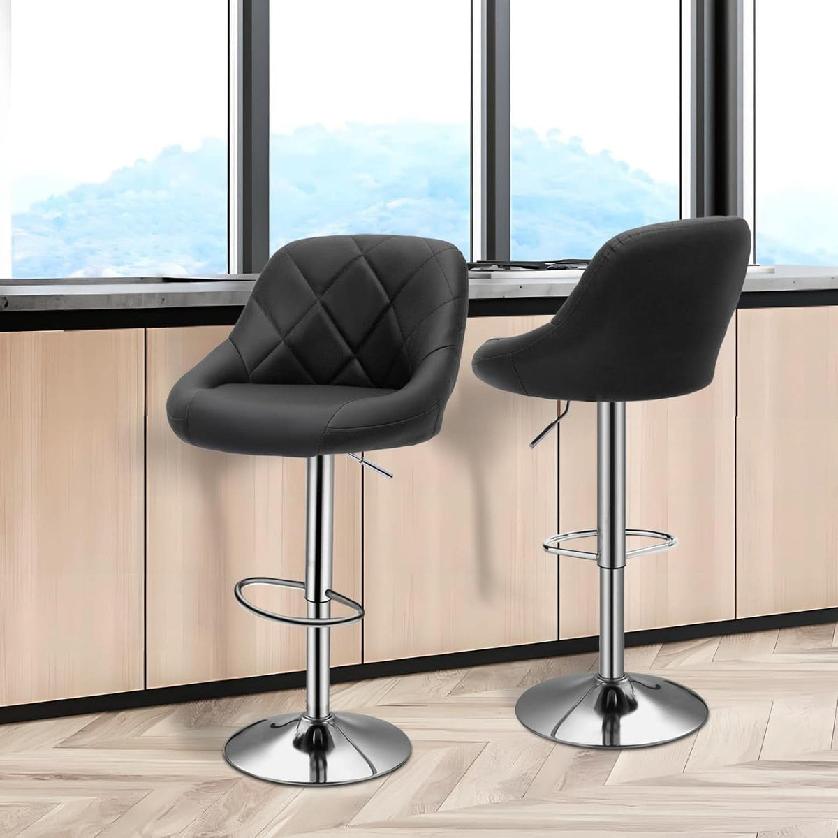 Bar Stools Set of 2 Adjustable Swivel Black Counter Height