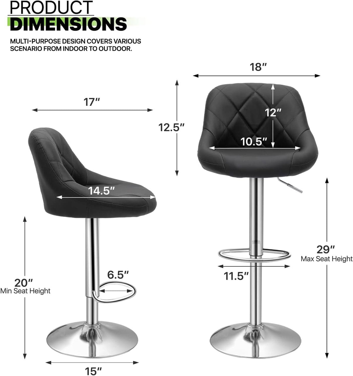 Bar Stools Set of 2 Adjustable Swivel Black Counter Height